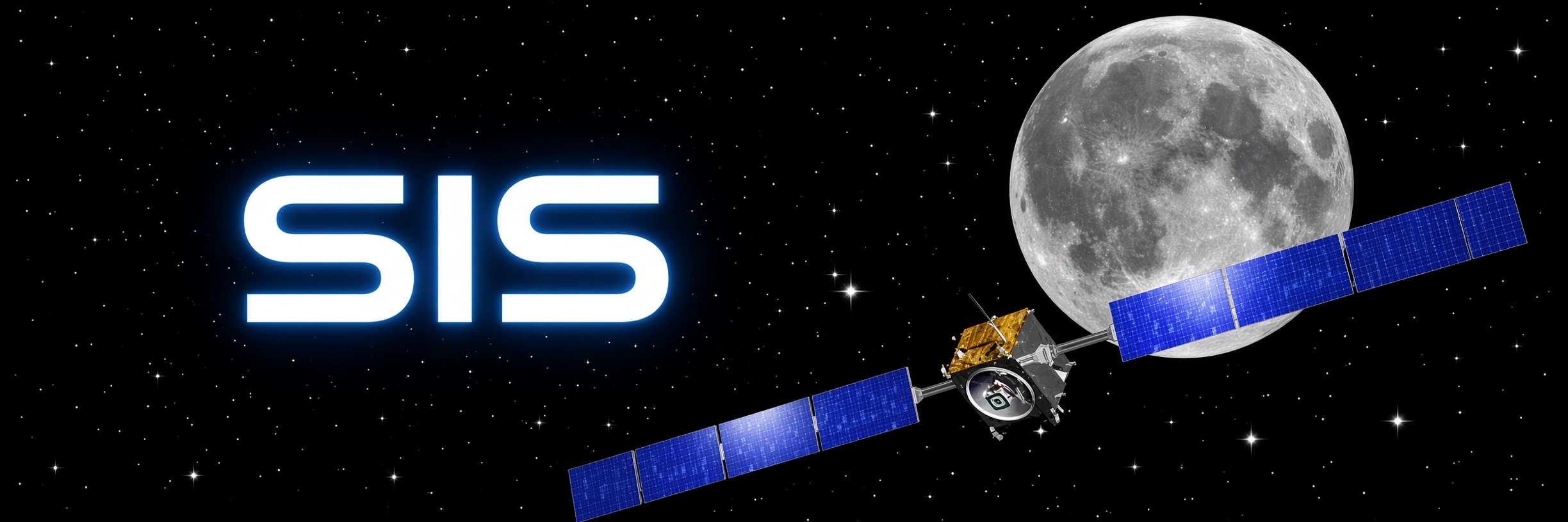 Super Intelligence Satellites — SIS glowing over a star field as a satellite crosses the moon